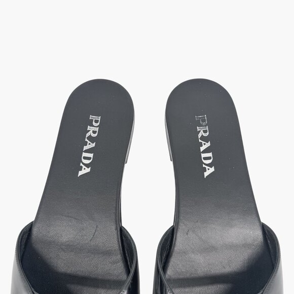 Prada Black Leather Triangle Logo Cutout Mule Slide Sandal Flat Size 39.5 US 9.5 - Picture 5 of 15